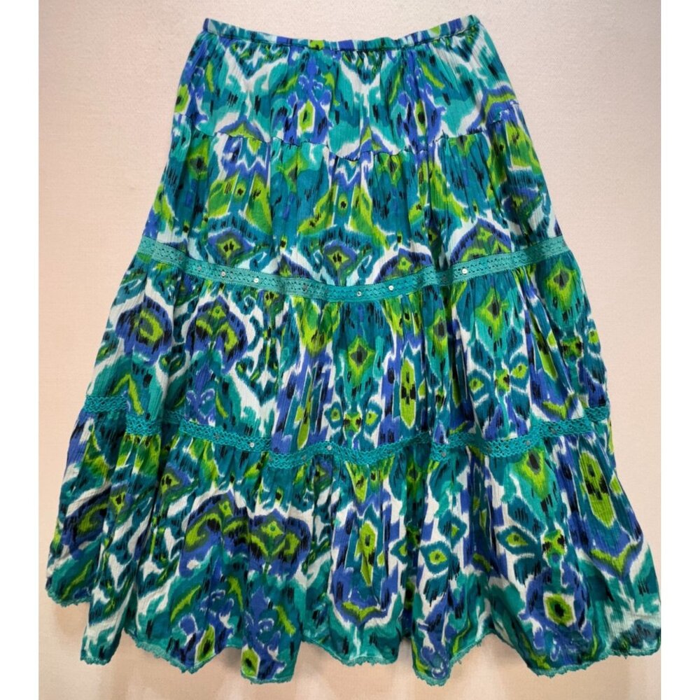 Women's Tiered Broomstick Festival Boho Skirt Stretch Size L Blue Green